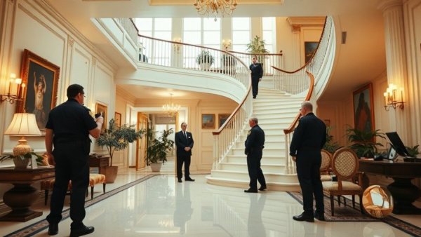 Spacious interior with police officers investigating beside a staircase, related to Violet Yacobi murder.