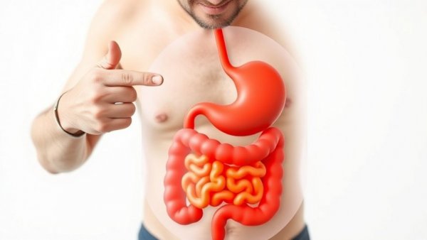 Digestive health illustration with bloated stomach and intestine overlay.