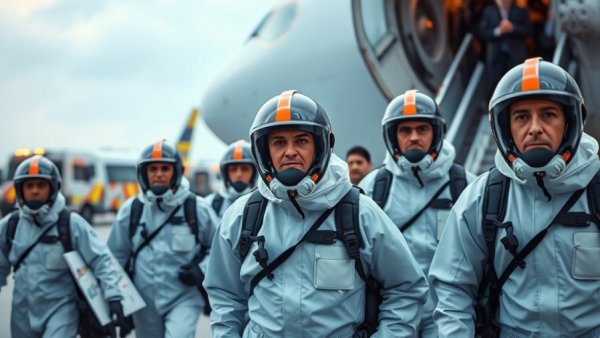 Hantavirus outbreak response on cruise ship evacuation at airport.