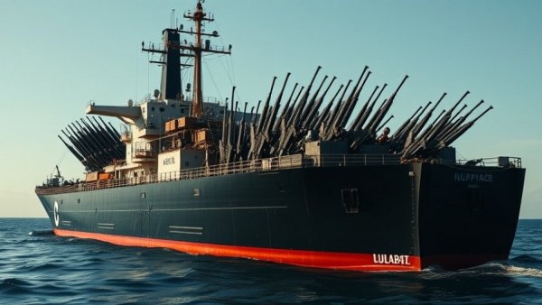 British cargo ship and armed group contrasting peace and tension.