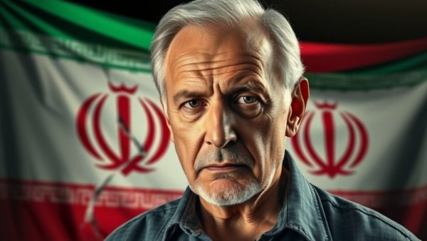 Iran military options depiction with concerned man and cracked flag.