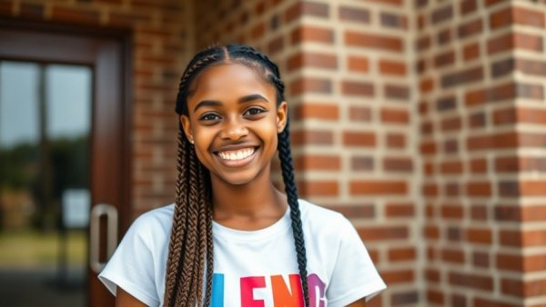 Smiling teenager in Houston near a brick wall