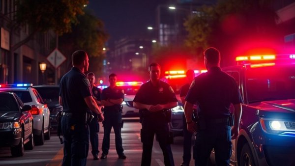 Houston police respond to shooting at night with flashing lights.