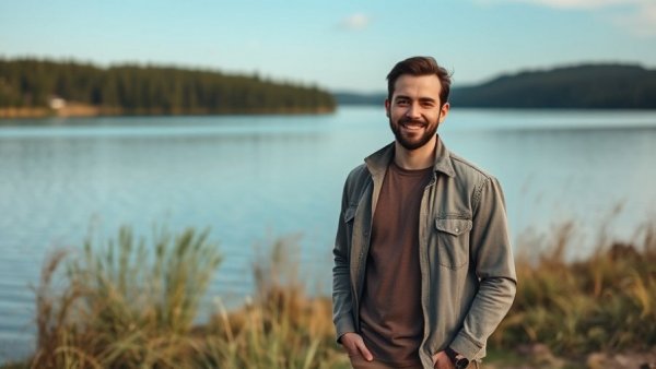 Casual man by lake, serene setting, related to tax the rich policies.