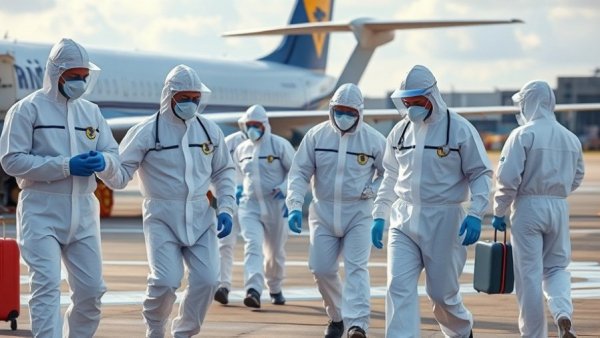Healthcare team in hazmat suits conducting disinfection at airport during Hantavirus outbreak.