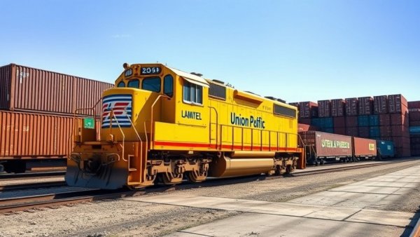 Yellow Union Pacific train engine in a rail yard, six bodies found in Texas boxcar.