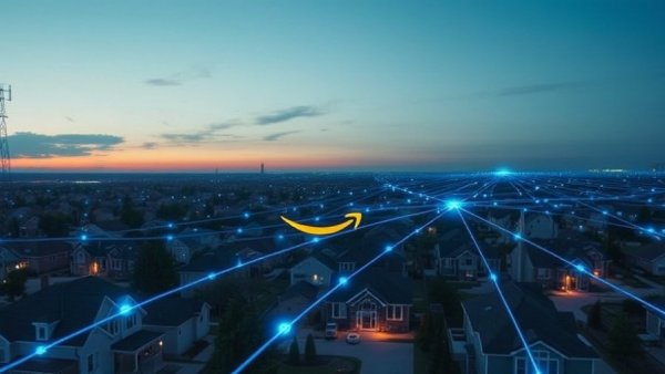 Amazon's private surveillance network over suburban neighborhood at dusk.