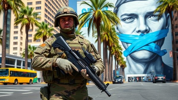 Military presence on urban street with mural, Trump rejects Iran ceasefire proposal.
