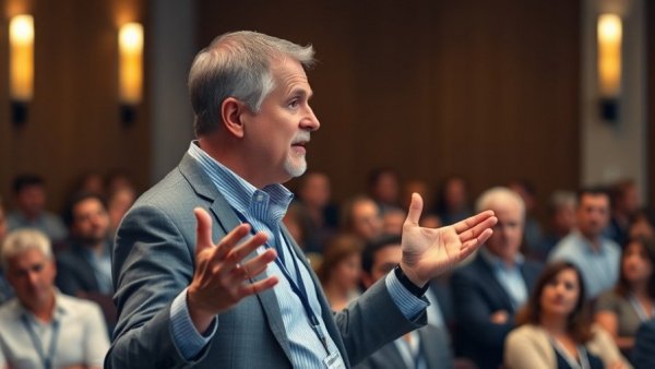 Middle-aged man at conference on democracy, speaking passionately.