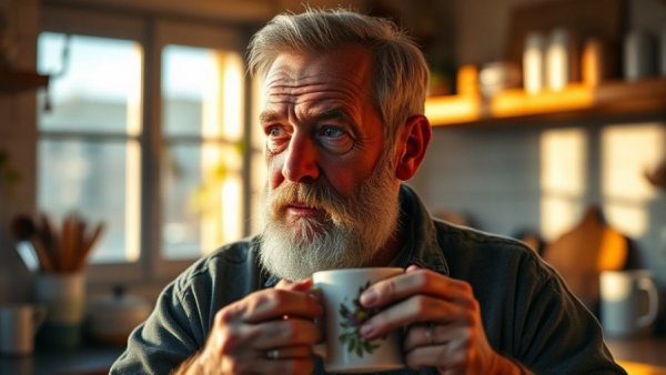 Older man holding mug in warm kitchen, healthy aging tips theme.
