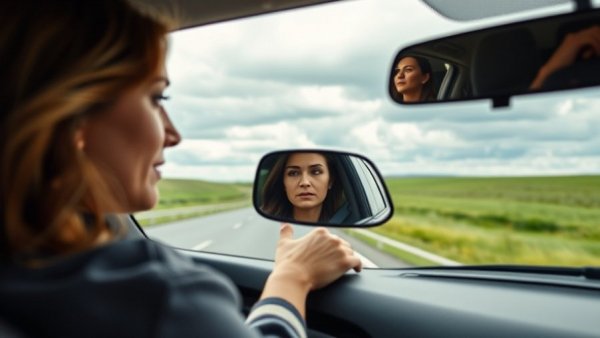 Reflective woman driving in Texas traffic, focusing ahead, 'Texas news'.