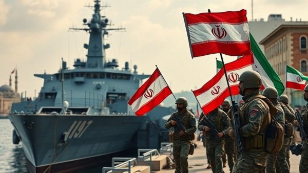 Iran rejects US peace proposal; military ship and soldiers in focus.