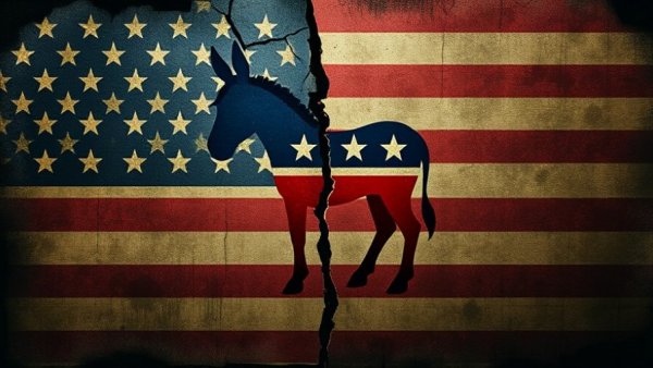 Democratic symbol split over U.S. flag, reflecting division.