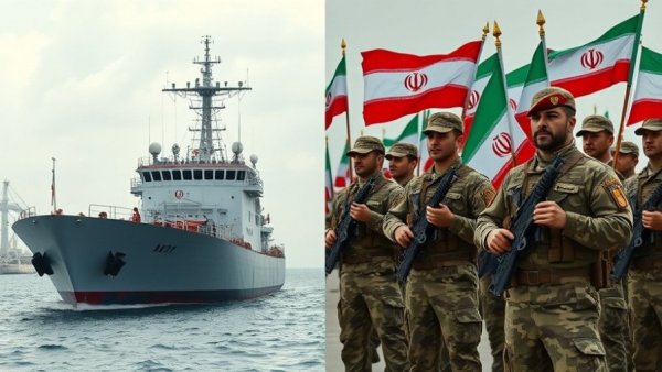 Contrasting scene with ship and Iranian military personnel