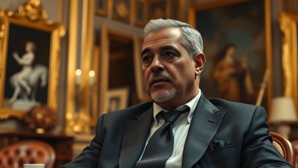 Prominent figure seated in ornate room, contemplative.