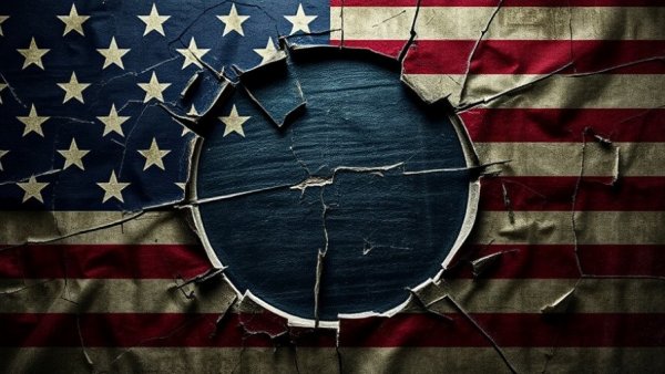 Symbolic image of political discord with breaking Democratic symbol.