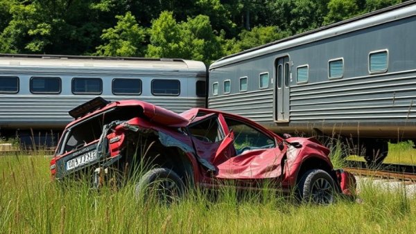 Houston train accident scene with damaged car and train.