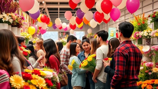 Diverse group buying flowers at a Houston flower shop, vibrant setting.