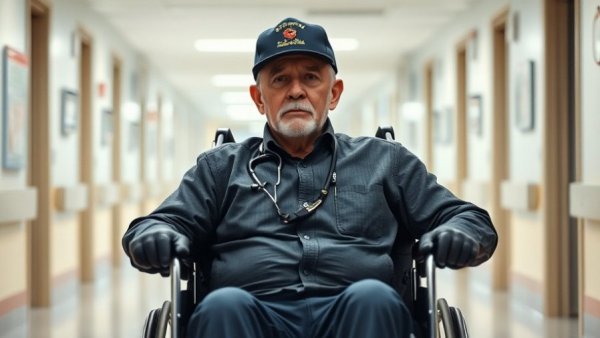 Veteran in wheelchair navigating healthcare access for rural veterans.