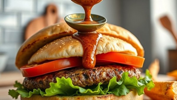 Close-up of plant-based burger with spoon applying sauce in kitchen.