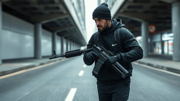 Gun violence incident in the US showing a man with a rifle on the street.