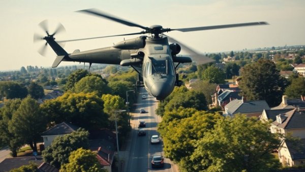 Military helicopter flying over suburban street amid discussion of gun violence in the US.