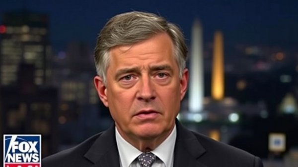 Breaking US news on TV with man speaking, cityscape background.
