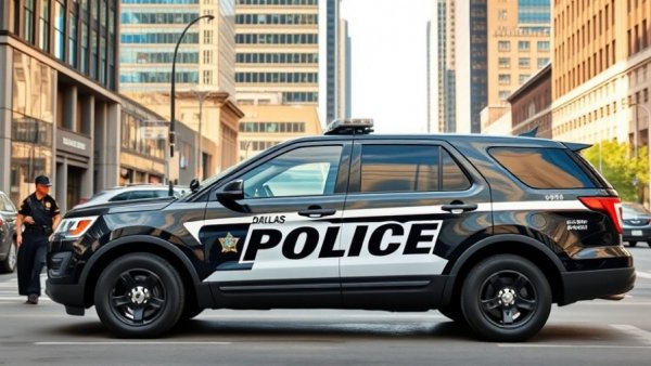 Dallas police SUV on urban street with city backdrop related to Dallas news shooting.