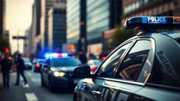 Dallas police car and police line in city after shooting.