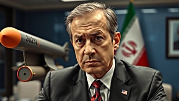 Iran's military options readiness depicted with a serious man and missiles.