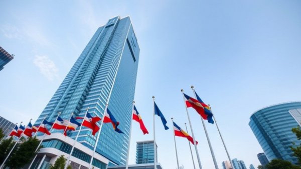 Flags waving in front of modern building, breaking US news theme