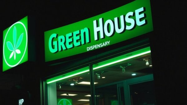 Neon Green House Dispensary sign at night, Houston news shooting.
