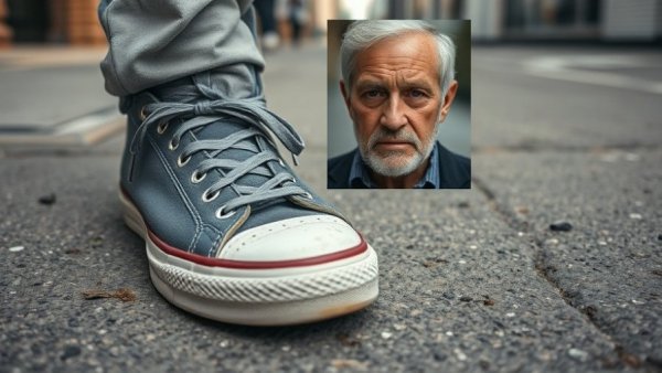 Close-up of sneakers with inset portrait, online solicitation of a minor.