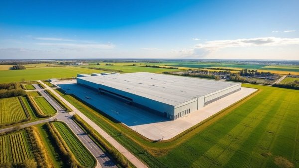 Aerial view of SEG Solar Houston manufacturing facility in lush landscape.