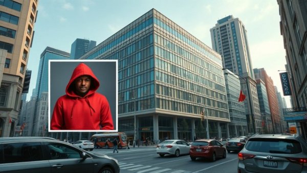 Cityscape with building and inset of person in hoodie, Texas Medical Center.