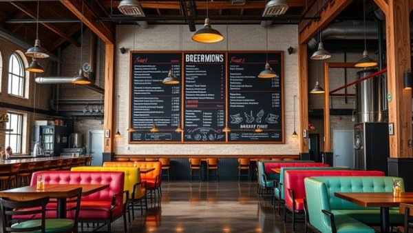 8th Wonder Brewery interior with colorful seats and chalkboard menu.