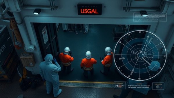Drone view of ship crew with protective gear handling entry, related to hantavirus treatment in Galveston