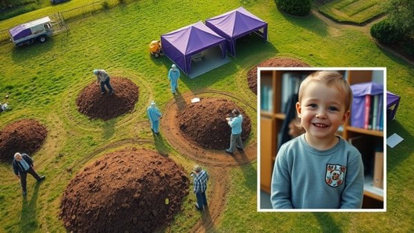 A forensic investigation site with an inset of a smiling child; search for Noel Rodrigues.