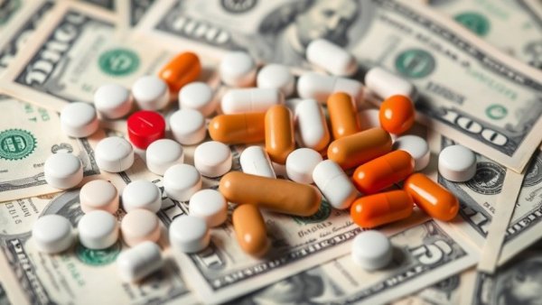 Assorted pills on US dollar bills illustrating rebate-free pharmacy benefits.