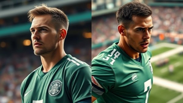 Intense football player in green jersey in game moment