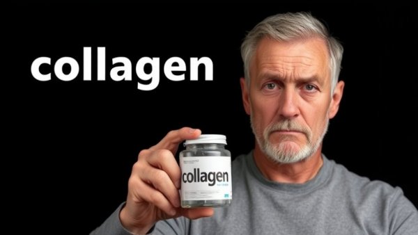 Collagen criticism with man holding jar and bold text, collagen benefits beyond skin.