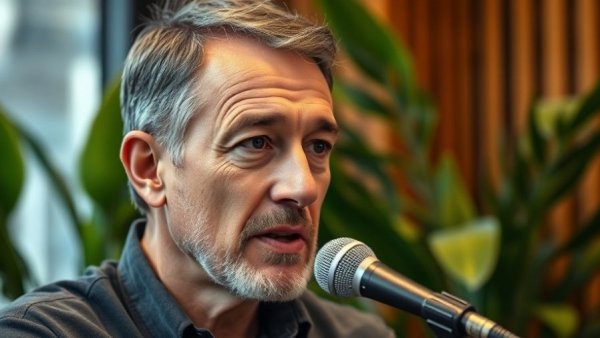 Middle-aged man discussing healthy aging tips in a vibrant setting.