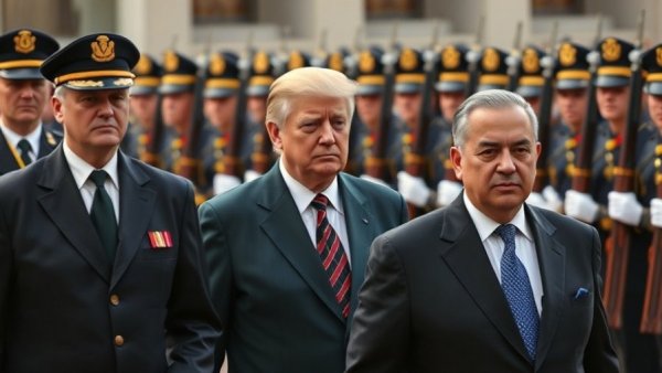 Leaders at summit walking past honor guard.