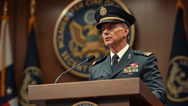 Military officer at podium with emblem backdrop, US news articles