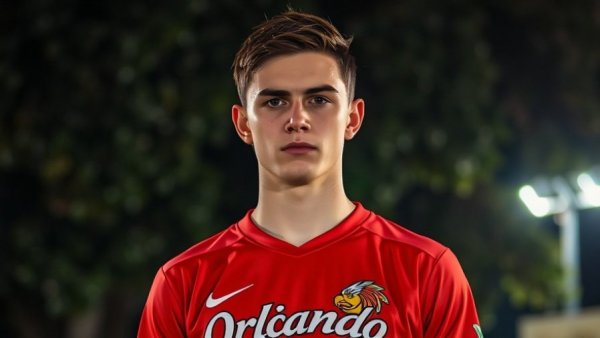 Young man in Orlando jersey outdoors, serious expression.