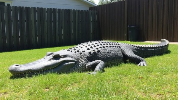 Alligator in Fort Bend County resting near a wooden fence.
