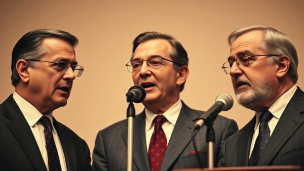 Three men speaking at microphones in a sepia-toned image.