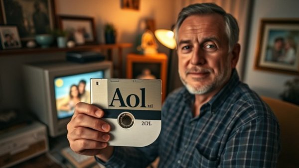 Middle-aged man with AOL disk reflecting in home office, nostalgic scene.