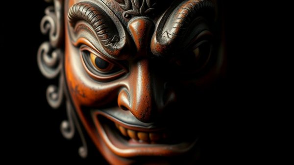 Intricately carved Japanese Noh mask on dark background, rich textures, dramatic shadows.