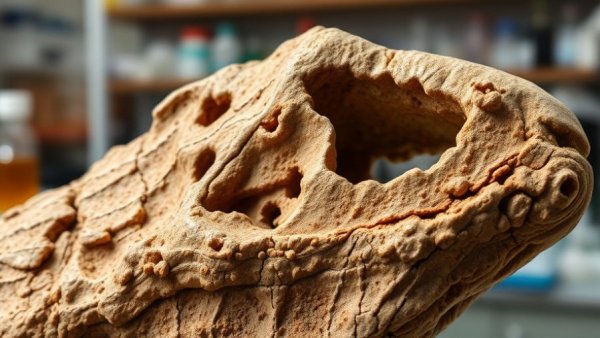 Close-up of dinosaur bone showing organic molecules in a lab.